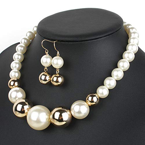 Fuqimanman2020 Chunky Large Simulated Pearl Choker Necklace Drop Dangle Earrings Crystal Bib Big Round Beaded Strand Multicolor Costume Statement Wedding Jewelry Set for Women Brides - color: White B