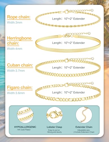 Besteel Ankle Bracelets for Women Waterproof 14K Gold Plated Anklets Set | Non Tarnish Stainless Steel, Plus Size Adjustable 8-12 Inch, Hypoallergenic Layered Cuban Link Chain Summer Foot Jewelry Gift - style: 4 Pcs Gold Cuban-10+2 Inch