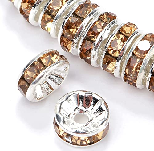 200Pcs 6mm Rondelle Spacer Beads Silver Plated Yellow Crystal Rhinestone for Jewelry Making Loose Beads for Bracelets - color: yellow, size: 6mm
