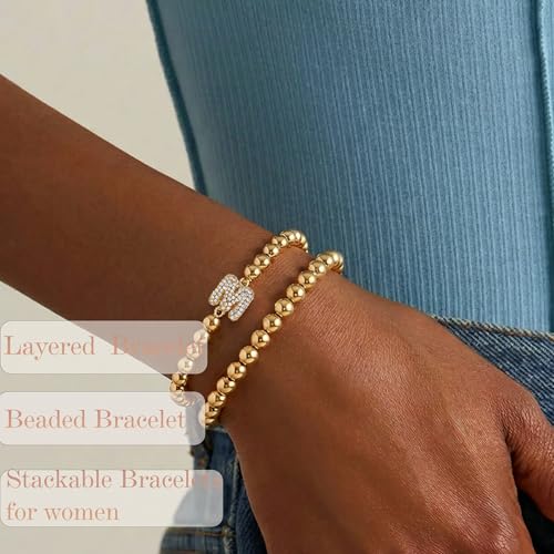 Initial Stack Bracelet Set for Women Trendy 14K Gold Plated Beaded Stackable Stacking Stretch Name Bracelets Dainty Friendship Waterproof Charm Cute Birthday Jewelry Gifts for Women - color: Initial M