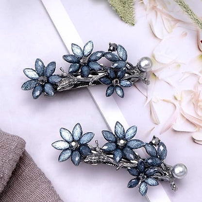 Joez Wonderful 2pcs Bridal Rhinestone Hair Clips Barrettes for Women, Blue | Alloy, 2.59x1.38in, Sparkly, Vintage, Diamond Barrettes with Pearls, Blue Flower, for Wedding, Parties, Birthday