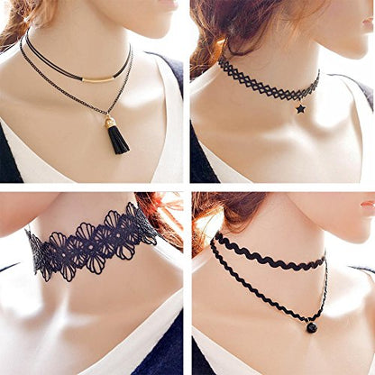 10 Pieces Lace Choker Necklace for Women Girls, Black Classic Velvet Stretch Punk Gothic Tattoo Lace