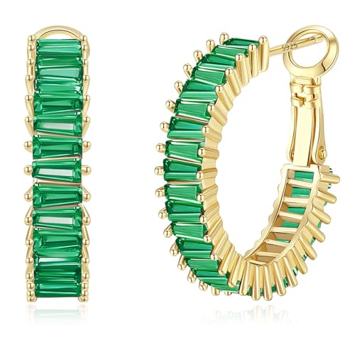 Trendy 14K Gold Plated Hoop Earrings for Women, Chunky Gold/Silver Earrings for Women Cubic Zirconia Baguette Hoop Earrings Heart Hoops Lightweight Hypoallergenic Jewelry,25mm/35mm/40mm/50mm - color: 01 Gold Green Hoops 25mm