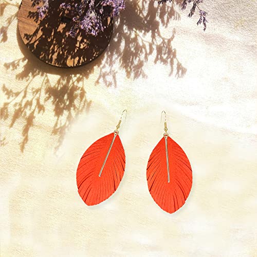 YUNXI Large Genuine Soft Leather Handmade Fringe Feather Lightweight Leaf with Simple Drop Metal Bar Tear Drop Dangle Color Earrings for Women - color: Orange