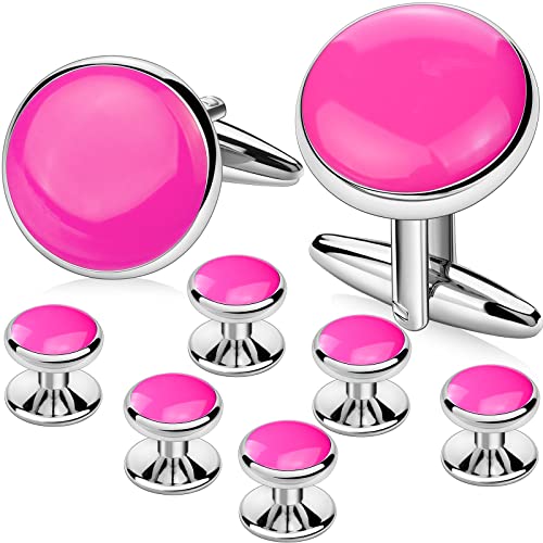 AMITER Men’s Cufflinks and Tuxedo Studs Set, Suitable for Black Suit White Shirts on Wedding, Anniversary, Birthday - color: Pink+silver color