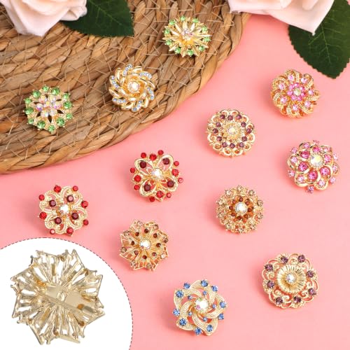 12Pcs Crystal Rhinestone Flower Brooch Pins Set, Wedding Brooches For Women - color: Multicolor