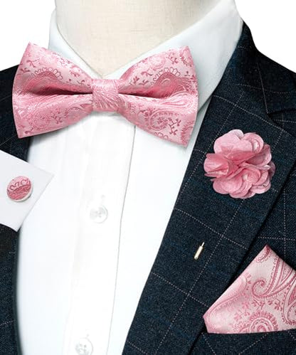 JEMYGINS Mens Paisley Bow Tie and Lapel Pin Necktie Pocket Square and Tie Clip with Sets for Business Casual 4PCS - color: Pink