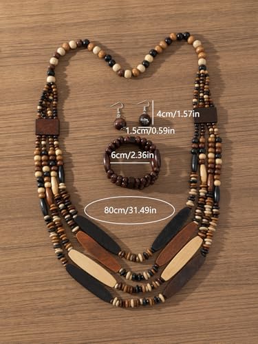Colorful Ethnic Wooden Earrings Round Statement Dangle Earrings Multilayered Geometric Beaded Bracelet Necklace Set for Women Exaggerated Tribal Jewelry - color: Mixed Color A