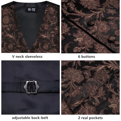 Hi-Tie Silk Mens Suit Vest Tie and Bowtie Lapel Pin Gold Tie Clip Paisley Floral Waistcoat 8PCS Set Tuxedo Wedding Party - color: Black and Brown, size: Medium