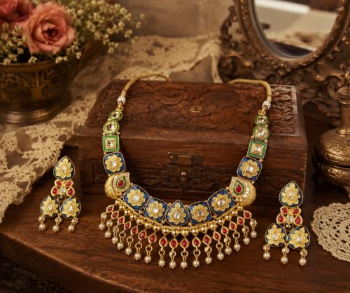 Efulgenz Indian Wedding Antique Crystal Faux Pearl Necklace Set for Women - color: Gold Multi