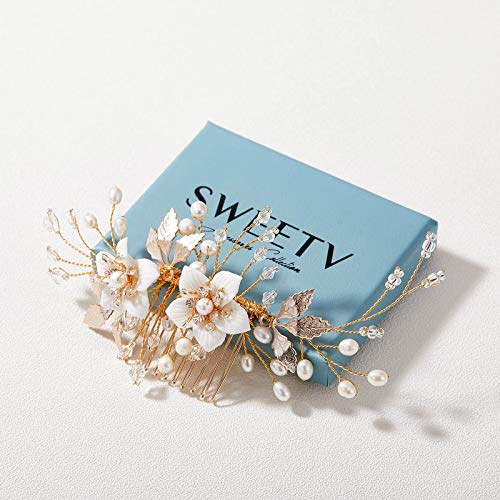SWEETV Wedding Hair Comb for Bridal Hair Accessories, Handmade Flower Bridal Hair Clip Hair Pieces, Gold, 5.12 *2.75 inches, 1 Count (Pack of 1) | Handmade Wedding Hair Accessories Wedding Hair Pieces for Brides, Wedding Hair Clip Bridal Hair Comb Gold 5.