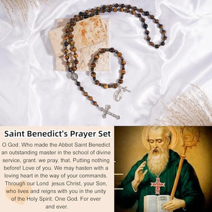Rosary for Men Women, Natural Stone Beads with St. Benedict Bracelet | 8 mm Natural Stone Prayer Beads with 10 mm Accent Beads, St. Benedict Crucifix, Matching Bracelet, Gift Box and Pouch. - color: Tiger Eye