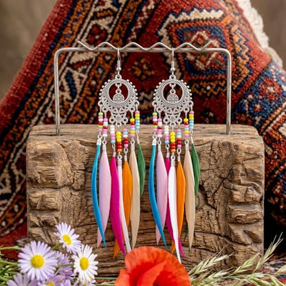 Molain 2Pairs Boho Beaded Feather Earrings for Women, Ethnic Retro Western Tree of Life Beaded Tassel Dangling Earrings Country Jewelry for Birthday Party Gifts