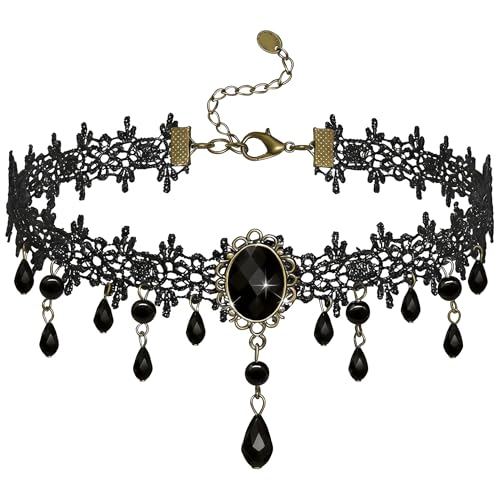 Gothic Black Choker Necklace for Women, Adjustable Velvet Lace Collar with Crystal Pendant, Vintage Goth Necklace for Halloween Costume and Cosplay, Black Lace Collar Jewelry Accessory