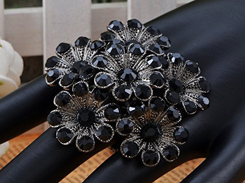 Alilang Gunmetal Tone Black Crystal Rhinestones Flower Cluster Floral Adjustable Ring