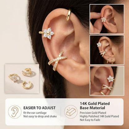 Ear Cuffs for Women Non Piercing - 3PCS Gold Clip On Earrings, 14K Gold Plated Adjustable Cuff Earrings for Women, Dainty Flower Design