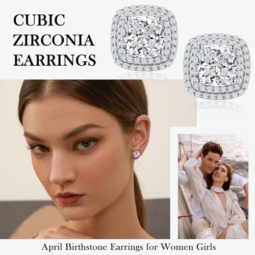 Dainty Birthstone Earrings for Women Sterling Silver Small Stud Earrings with Halo Cushion/Round Created Gemstone Earrings Birthstone Jewelry - style: A 04. Apr./cubic zirconia-cushion cut
