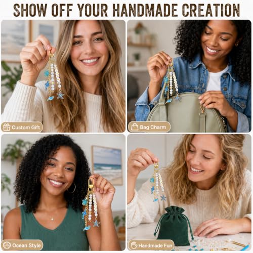 XUHAO7 781Pcs DIY Keychain Making Kit Beach Crafts Set | Seashell Starfish Pearl Letter Beads with Tools & 5 Velvet Pouches, DIY Bag Charm Kit for Women Girl - size: Ocean
