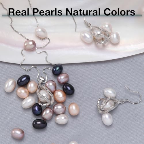 Pearl Jewelry Set For Women S925 Sterling Silver/14K Gold Plated Necklace & Earrings Set Freshwater Pearl Pendant Cage Set for Wedding Anniversary Prom Birthday Gift - color: Silvery-White