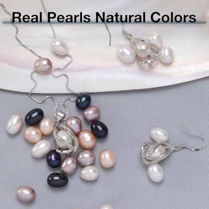 Pearl Jewelry Set For Women S925 Sterling Silver/14K Gold Plated Necklace & Earrings Set Freshwater Pearl Pendant Cage Set for Wedding Anniversary Prom Birthday Gift - color: Silvery-White