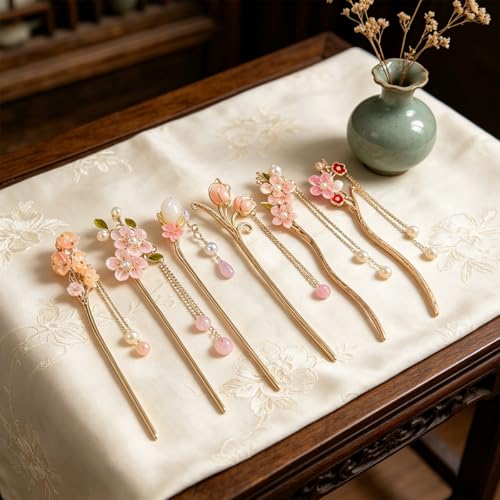 6 PCS Chinese Hair Sticks Set Pink Flower Tassel Hair Stick with Pearl Traditional Asian Metal Hair Chopsticks Long Hair Bun Updo Holders Accessories for Women Girls Hanfu Party Wedding