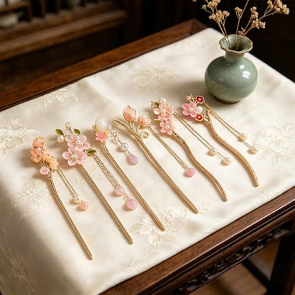 6 PCS Chinese Hair Sticks Set Pink Flower Tassel Hair Stick with Pearl Traditional Asian Metal Hair Chopsticks Long Hair Bun Updo Holders Accessories for Women Girls Hanfu Party Wedding