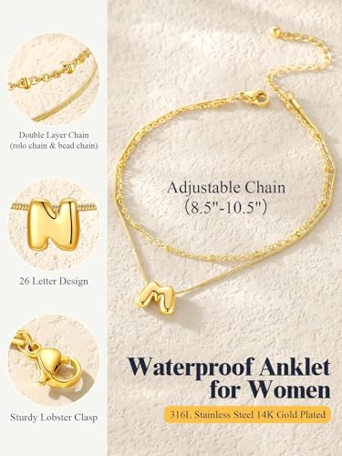 U7 Silver Gold Initial Ankle Bracelets for Women Waterproof,14K Gold Plated Initial Anklets No Tainish,Adjustable Women's Anklet Layered Ankle Summer Beach Foot Jewelry - color: Gold
