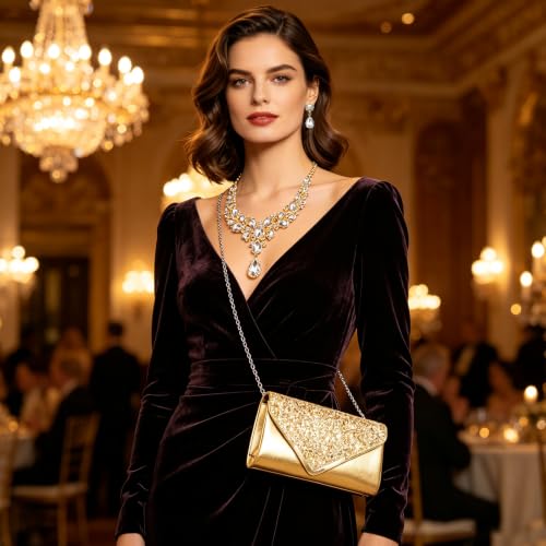 NEWITIN 5 Pieces Purse Rhinestone Jewelry Set for Women Prom Jewels Crystal Clutch Purse Watch Necklace Earrings Silver Jewelry Set for Women Bride - color: Gold
