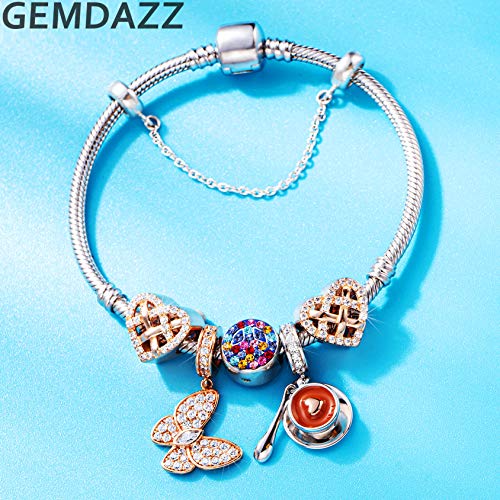 GEMDAZZ 925 Sterling Silver Valentines Day Charms Heart Charms, I Love You to The Moon and Back Pendant, Cupid Arrow and 4 Leaf Clover Beads fit European Bracelets, Gift for Lover/Wife/Girls - color: Rose Gold Sparkling Butterfly Charm