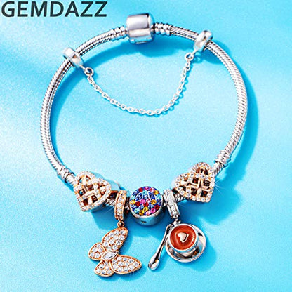 GEMDAZZ 925 Sterling Silver Valentines Day Charms Heart Charms, I Love You to The Moon and Back Pendant, Cupid Arrow and 4 Leaf Clover Beads fit European Bracelets, Gift for Lover/Wife/Girls - color: Rose Gold Sparkling Butterfly Charm