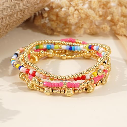Colorful Gold Plated Stackable Ball Seed Beaded Bracelets Set For Women, Boho Handmade Romantic Stretch Accessories Jewelry, Daily Wear Holiday Party Friendship Gift - color: Lantern