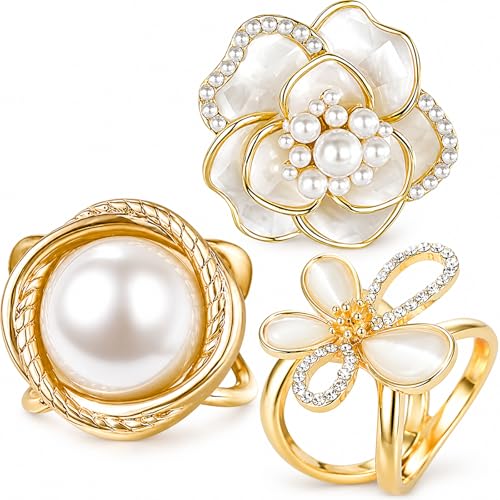 3PCS Scarf Rings for Women, Elegant Scarf Ring Buckles | Gold Plated Flower Pearl Scarf Clips & Shawl Slides for T-Shirt Ties, Silk Scarves, Shawls, Dresses, Casual Outfits