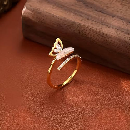 Mettclasi Women's 14K Gold Plated Stackable Ring Crystal Inlaid Dainty Trendy Cute Adjustable Open Twist Rings Jewelry Gifts - style: Butterfly