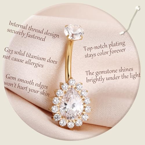 AROWRO Gold Belly Button Ring G23 Titanium Hypoallergenic 14G belly ring for Women Men Teardrop Navel Piercing Jewelry 10mm Barbell With Cubic Zircon - color: Gold+Clear CZ
