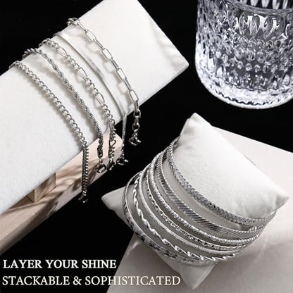 YEEZII 56 Pcs Gold Jewelry Set for Women with 5Pcs Layered Necklace, 5Pcs Layered Necklace, 12 Bracelets, 4 Hoop Earrings, 8 Stackable Rings, 10 hairpins, 12 Studs Earrings Jewerly set for Women - color: Silver