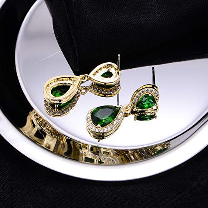 Pave Teardrop Earrings for Wedding Sterling Silver Double Pear Shaped CZ Cubic Zirconia Crystal Rhinestone Birthstone Dangle Earrings Bridal Jewelry for Bride Bridesmaids - color: Graceful Emerald