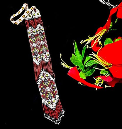 Long Beaded Necklace – Boho Native Handmade Seed Bead Tassel Necklace, Bohemian Large Statement Beaded Necklace for Women - color: Black-Red White