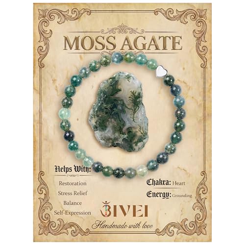 Bivei Crystal Stretch 6mm Bracelets for Women | Handmade Natural Stone Beaded Stretch Bracelet, Stainless Steel Heart Bead, Tranquility Yoga Gift Jewelry for Women - color: Moss Agate - Grounding
