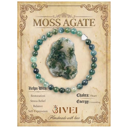 Bivei Crystal Stretch 6mm Bracelets for Women | Handmade Natural Stone Beaded Stretch Bracelet, Stainless Steel Heart Bead, Tranquility Yoga Gift Jewelry for Women - color: Moss Agate - Grounding