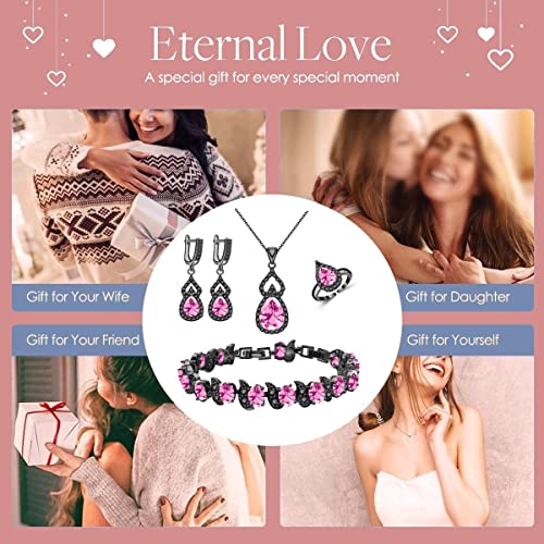 LMXXVJ Women Jewelry Set Platinum Plated Necklace Open Ring Earrings Bracelet Set,Birthday/Anniversary Mother’s Day Jewelry Gifts for Mom/Wife/Sister/Best Friend - color: Black Gun-Pink