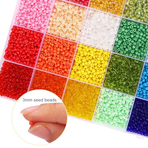 Quefe 24 Colors 10800pcs 3mm Glass Seed Beads Kit | 8/0 Craft Glass Beads, Friendship Bracelet Kits, 3mm Seed Beads, Bracelets Making Jewelry Necklaces DIY Craft Supplies