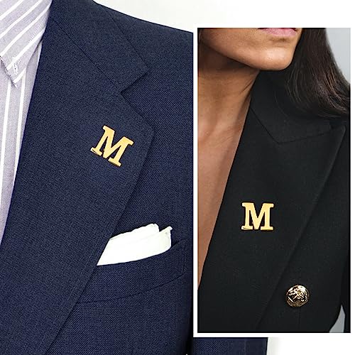 Initial Lapel Pin for Men Women, Brooch Pins for Men Suits, Metal Button Pins in 18K Gold and Silver Tone. - color: Gold-M