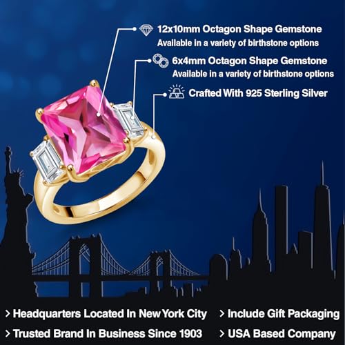 Gem Stone King 18K Yellow Gold Plated Silver Pink Created Sapphire and White Zirconia Engagement Ring For Women | 7.92 Cttw | Emerald Cut 12X10MM | Gemstone September Birthstone