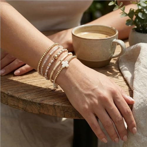 Gold Bracelets for Women, Beaded Cross Stack, Non Tarnish Set，Set-1 | Gold Beaded Bracelet Stack with Stretch Fit, Waterproof Finish and Dainty Design for Everyday Wear and Gifts - color: Colors-8