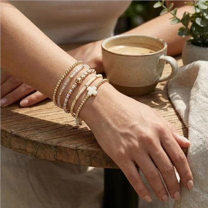 Gold Bracelets for Women, Beaded Cross Stack, Non Tarnish Set，Set-1 | Gold Beaded Bracelet Stack with Stretch Fit, Waterproof Finish and Dainty Design for Everyday Wear and Gifts - color: Colors-8