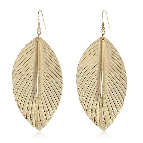 Bohemian Handmade Lightweight Color Large Genuine Soft Leather Fringe Feather Leaf Tear Dangle Drop Earrings for Women Statement - color: 2-Off white