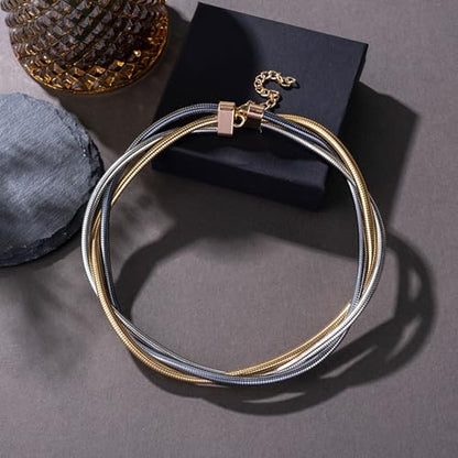 Chunky Gold Collar Choker Statement Necklace for Women Trendy | Gold Plated Layered Twist Flat Thick Snake Herringbone Chain African Torque Necklace Prom Boho Necklaces Party Jewelry Gift - style: 3 Twisted Chain/Gold&Silver