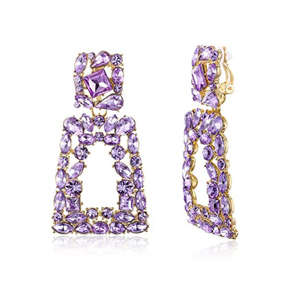 Flyonce Rectangle Clip-on Drop Earrings for Women, Sparkly Rhinestone Crystal Geometric Statement Non Pierced Earring Wedding Prom Party Jewelry for Brides Bridesmaid - color: Lavender Purple