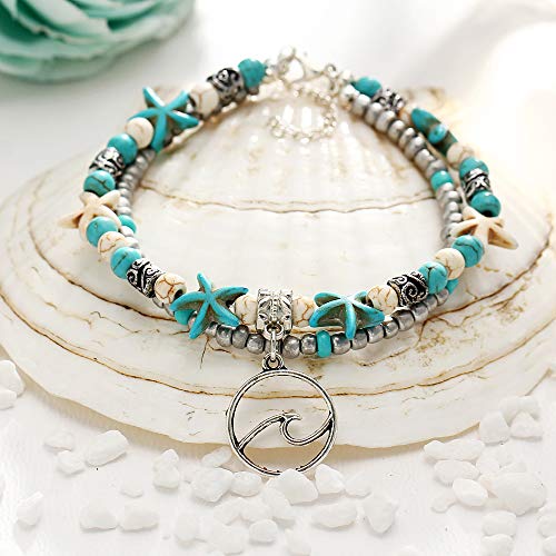 Starain Blue Turtle Anklets for Women Multilayer Beads Handmade Beach Ankle Bracelet Set Boho Foot Jewelry - color: 2Pcs Turtle and Wave Beaded Anklet