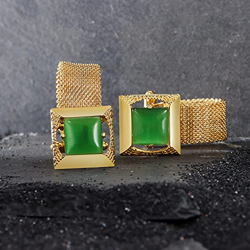 HAWSON Mens Cufflinks with Chain - Stone and Shiny Gold Tone Shirt Accessories - Party Gifts for Young Men - color: 24K Gold Color+Green Cats Eye